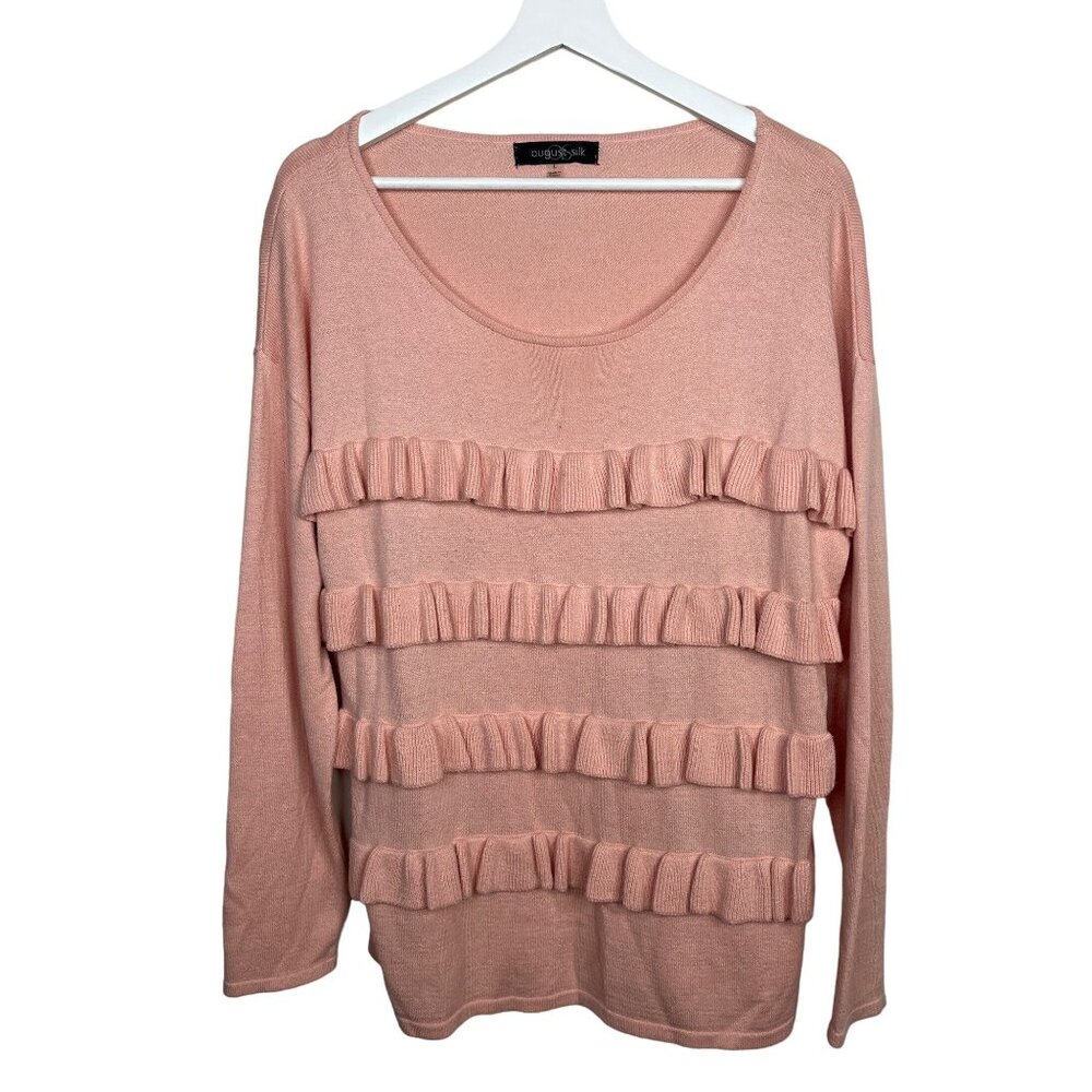 August Silk Sweater Womens L Pink Scoop Neck Ruffle Top Work Casual Preppy